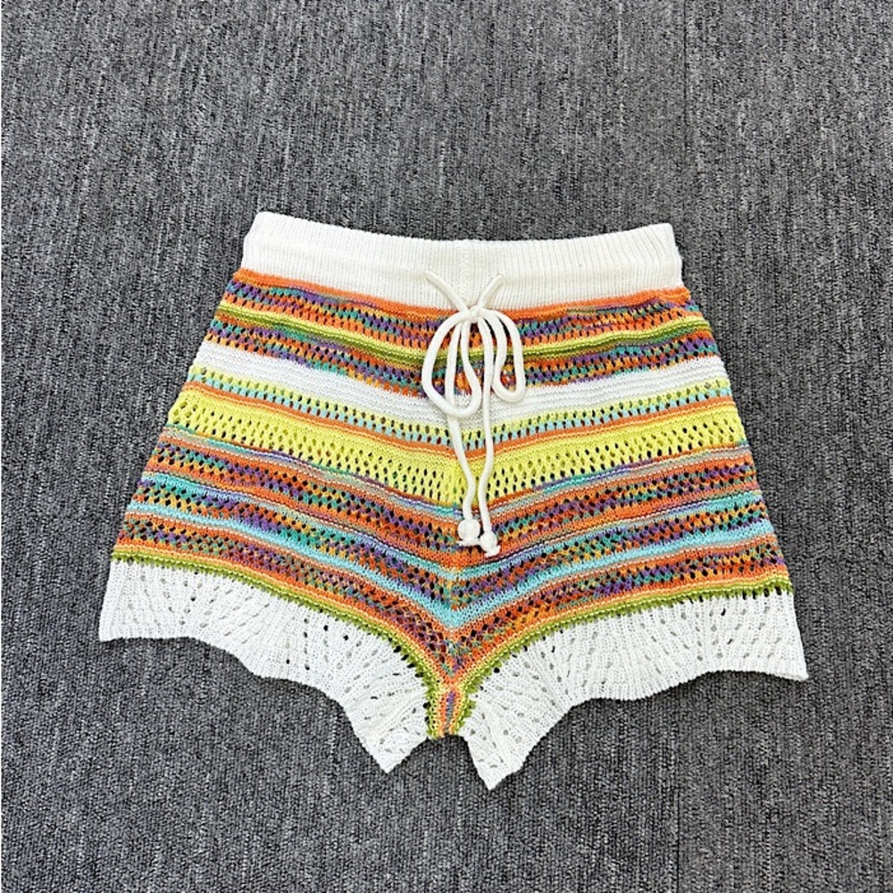 Multicolor Striped Crochet Knit Shorts with Tassel Tie Beach Cover Up